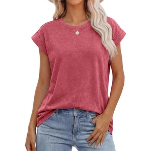 image:imageANRABESS Womens Acid Washed TShirt Cap Sleeve Vintage Casual Crew Neck Tops Summer Basic Tee 2026 Fashion ClothingRed