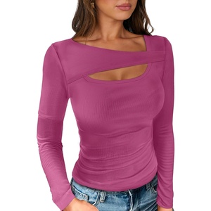 image:imageANRABESS Womens Cutout Tops Trendy Sexy Long Sleeve Shirts Ribbed Slim Fit Tee 2026 Fall Fashion Going Out Tshirts ClothesHot Pink
