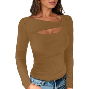 image:imageANRABESS Womens Cutout Tops Trendy Sexy Long Sleeve Shirts Ribbed Slim Fit Tee 2026 Fall Fashion Going Out Tshirts ClothesLight Brown