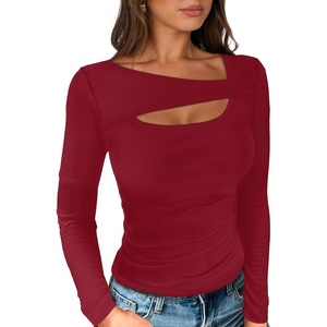 image:imageANRABESS Womens Cutout Tops Trendy Sexy Long Sleeve Shirts Ribbed Slim Fit Tee 2026 Fall Fashion Going Out Tshirts ClothesRed