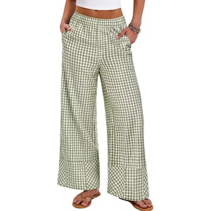 image:imageANRABESS Womens Gingham Pants Checkered Plaid Striped Boxer Wide Leg Palazzo Pants Lounge PJ Bottoms Trousers with PocketsArmy Green White Plaid