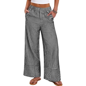 image:imageANRABESS Womens Gingham Pants Checkered Plaid Striped Boxer Wide Leg Palazzo Pants Lounge PJ Bottoms Trousers with PocketsBlack White Plaid