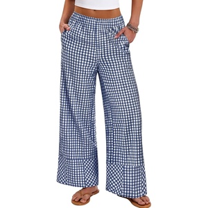 image:imageANRABESS Womens Gingham Pants Checkered Plaid Striped Boxer Wide Leg Palazzo Pants Lounge PJ Bottoms Trousers with PocketsBlue White Plaid