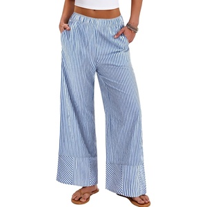 image:imageANRABESS Womens Gingham Pants Checkered Plaid Striped Boxer Wide Leg Palazzo Pants Lounge PJ Bottoms Trousers with PocketsBlue White Stripe