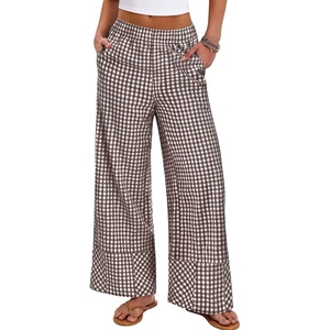 image:imageANRABESS Womens Gingham Pants Checkered Plaid Striped Boxer Wide Leg Palazzo Pants Lounge PJ Bottoms Trousers with PocketsBrown White Plaid