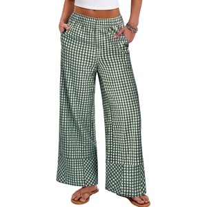 image:imageANRABESS Womens Gingham Pants Checkered Plaid Striped Boxer Wide Leg Palazzo Pants Lounge PJ Bottoms Trousers with PocketsDeep Green White Plaid