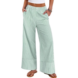image:imageANRABESS Womens Gingham Pants Checkered Plaid Striped Boxer Wide Leg Palazzo Pants Lounge PJ Bottoms Trousers with PocketsGreen White Stripe