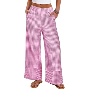 image:imageANRABESS Womens Gingham Pants Checkered Plaid Striped Boxer Wide Leg Palazzo Pants Lounge PJ Bottoms Trousers with PocketsHot Pink White Plaid