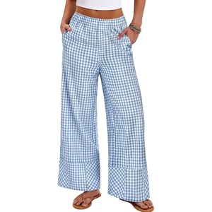 image:imageANRABESS Womens Gingham Pants Checkered Plaid Striped Boxer Wide Leg Palazzo Pants Lounge PJ Bottoms Trousers with PocketsLight Blue White Plaid