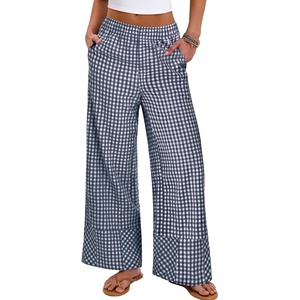 image:imageANRABESS Womens Gingham Pants Checkered Plaid Striped Boxer Wide Leg Palazzo Pants Lounge PJ Bottoms Trousers with PocketsNavy Blue White Plaid