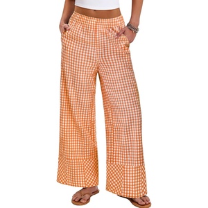 image:imageANRABESS Womens Gingham Pants Checkered Plaid Striped Boxer Wide Leg Palazzo Pants Lounge PJ Bottoms Trousers with PocketsOrange White Plaid