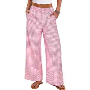 image:imageANRABESS Womens Gingham Pants Checkered Plaid Striped Boxer Wide Leg Palazzo Pants Lounge PJ Bottoms Trousers with PocketsPink White Plaid