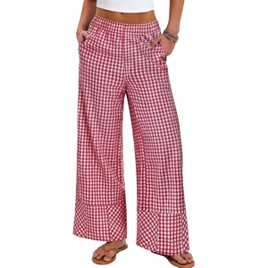 image:imageANRABESS Womens Gingham Pants Checkered Plaid Striped Boxer Wide Leg Palazzo Pants Lounge PJ Bottoms Trousers with PocketsRed White Plaid