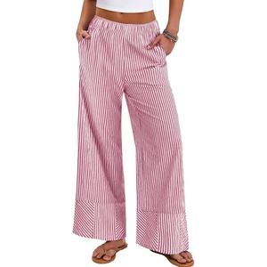 image:imageANRABESS Womens Gingham Pants Checkered Plaid Striped Boxer Wide Leg Palazzo Pants Lounge PJ Bottoms Trousers with PocketsRed White Stripe