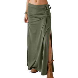 image:imageANRABESS Womens Maxi Skirts High Waisted 2026 Summer Boho Floral Beach Flowy Side Slit Long Skirt with Adjustable DrawstringArmy Green