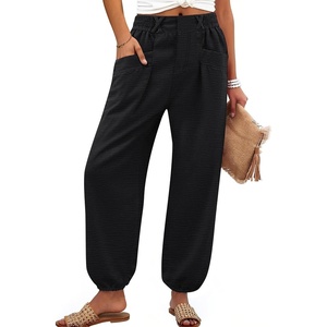 image:imageANRABESS Womens Pants Elastic Waist Summer Casual Harem Barrel Lounge Work Slacks Cropped Beach Vacation Clothes with PocketsBlack