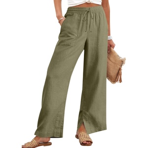 image:imageANRABESS Womens Wide Leg Palazzo Linen Pants High Waist Split Ankle Casual Lounge Beach Vacation Pants 2026 Spring SummerArmy Green