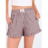 image:imageANRABESS Boxer Shorts for WomenGingham Plaid Elastic Waist RufflePerfect for LoungePajamaampSleepCute Casual Summer BottomsBrown White Plaid