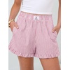image:imageANRABESS Boxer Shorts for WomenGingham Plaid Elastic Waist RufflePerfect for LoungePajamaampSleepCute Casual Summer BottomsPink White Stripe