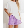 image:imageANRABESS Boxer Shorts for WomenGingham Plaid Elastic Waist RufflePerfect for LoungePajamaampSleepCute Casual Summer BottomsPurple White Plaid