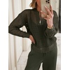 image:imageANRABESS Womens 2 Piece Outfits 2026 Spring Crochet Half Zip Sweater Top Wide Leg Pant Travel Matching Sets Lounge ClothesArmy Green