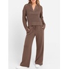 image:imageANRABESS Womens 2 Piece Outfits 2026 Spring Crochet Half Zip Sweater Top Wide Leg Pant Travel Matching Sets Lounge ClothesBrown