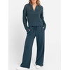 image:imageANRABESS Womens 2 Piece Outfits 2026 Spring Crochet Half Zip Sweater Top Wide Leg Pant Travel Matching Sets Lounge ClothesDark Teal