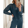 image:imageANRABESS Womens 2 Piece Outfits 2026 Spring Crochet Half Zip Sweater Top Wide Leg Pant Travel Matching Sets Lounge ClothesDark Teal