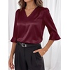 image:imageANRABESS Womens Satin V Neck 34 Ruffle Sleeve Blouse Shirts  Silky Soft Tops Pleated Ruched Shoulders Business Casual Work Office Outfits Dressy Elegant Summer Fall WearWine Red