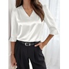 image:imageANRABESS Womens Satin V Neck 34 Ruffle Sleeve Blouse Shirts  Silky Soft Tops Pleated Ruched Shoulders Business Casual Work Office Outfits Dressy Elegant Summer Fall WearWhite