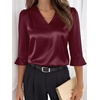 image:imageANRABESS Womens Satin V Neck 34 Ruffle Sleeve Blouse Shirts  Silky Soft Tops Pleated Ruched Shoulders Business Casual Work Office Outfits Dressy Elegant Summer Fall WearWine Red