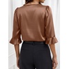 image:imageANRABESS Womens Satin V Neck 34 Ruffle Sleeve Blouse Shirts  Silky Soft Tops Pleated Ruched Shoulders Business Casual Work Office Outfits Dressy Elegant Summer Fall WearBrown