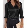 image:imageANRABESS Womens Satin V Neck 34 Ruffle Sleeve Blouse Shirts  Silky Soft Tops Pleated Ruched Shoulders Business Casual Work Office Outfits Dressy Elegant Summer Fall WearBlack