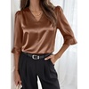 image:imageANRABESS Womens Satin V Neck 34 Ruffle Sleeve Blouse Shirts  Silky Soft Tops Pleated Ruched Shoulders Business Casual Work Office Outfits Dressy Elegant Summer Fall WearBrown