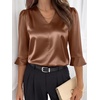 image:imageANRABESS Womens Satin V Neck 34 Ruffle Sleeve Blouse Shirts  Silky Soft Tops Pleated Ruched Shoulders Business Casual Work Office Outfits Dressy Elegant Summer Fall WearBrown