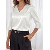image:imageANRABESS Womens Satin V Neck 34 Ruffle Sleeve Blouse Shirts  Silky Soft Tops Pleated Ruched Shoulders Business Casual Work Office Outfits Dressy Elegant Summer Fall WearWhite