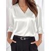 image:imageANRABESS Womens Satin V Neck 34 Ruffle Sleeve Blouse Shirts  Silky Soft Tops Pleated Ruched Shoulders Business Casual Work Office Outfits Dressy Elegant Summer Fall WearWhite