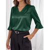 image:imageANRABESS Womens Satin V Neck 34 Ruffle Sleeve Blouse Shirts  Silky Soft Tops Pleated Ruched Shoulders Business Casual Work Office Outfits Dressy Elegant Summer Fall WearDeep Green