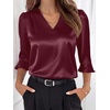 image:imageANRABESS Womens Satin V Neck 34 Ruffle Sleeve Blouse Shirts  Silky Soft Tops Pleated Ruched Shoulders Business Casual Work Office Outfits Dressy Elegant Summer Fall WearWine Red