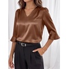image:imageANRABESS Womens Satin V Neck 34 Ruffle Sleeve Blouse Shirts  Silky Soft Tops Pleated Ruched Shoulders Business Casual Work Office Outfits Dressy Elegant Summer Fall WearBrown
