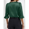 image:imageANRABESS Womens Satin V Neck 34 Ruffle Sleeve Blouse Shirts  Silky Soft Tops Pleated Ruched Shoulders Business Casual Work Office Outfits Dressy Elegant Summer Fall WearDeep Green