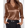 image:imageANRABESS Womens Satin V Neck 34 Ruffle Sleeve Blouse Shirts  Silky Soft Tops Pleated Ruched Shoulders Business Casual Work Office Outfits Dressy Elegant Summer Fall WearBrown