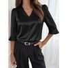 image:imageANRABESS Womens Satin V Neck 34 Ruffle Sleeve Blouse Shirts  Silky Soft Tops Pleated Ruched Shoulders Business Casual Work Office Outfits Dressy Elegant Summer Fall WearBlack