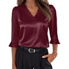 image:imageANRABESS Womens Satin V Neck 34 Ruffle Sleeve Blouse Shirts  Silky Soft Tops Pleated Ruched Shoulders Business Casual Work Office Outfits Dressy Elegant Summer Fall WearWine Red