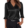 image:imageANRABESS Womens Satin V Neck 34 Ruffle Sleeve Blouse Shirts  Silky Soft Tops Pleated Ruched Shoulders Business Casual Work Office Outfits Dressy Elegant Summer Fall WearBlack