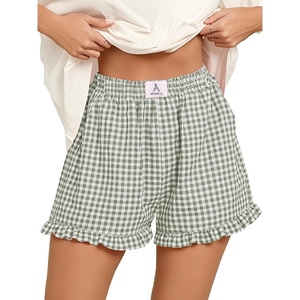 image:imageANRABESS Boxer Shorts for WomenGingham Plaid Elastic Waist RufflePerfect for LoungePajamaampSleepCute Casual Summer BottomsArmy Green White Plaid