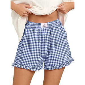 image:imageANRABESS Boxer Shorts for WomenGingham Plaid Elastic Waist RufflePerfect for LoungePajamaampSleepCute Casual Summer BottomsBlue White Plaid