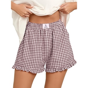 image:imageANRABESS Boxer Shorts for WomenGingham Plaid Elastic Waist RufflePerfect for LoungePajamaampSleepCute Casual Summer BottomsBrown White Plaid