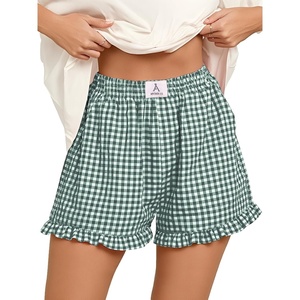 image:imageANRABESS Boxer Shorts for WomenGingham Plaid Elastic Waist RufflePerfect for LoungePajamaampSleepCute Casual Summer BottomsDeep Green White Plaid