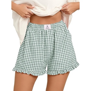 image:imageANRABESS Boxer Shorts for WomenGingham Plaid Elastic Waist RufflePerfect for LoungePajamaampSleepCute Casual Summer BottomsGreen White Plaid